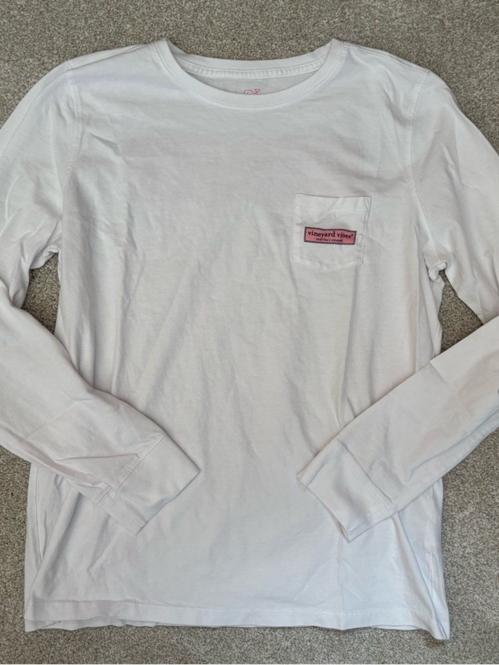 Vineyard Vines 100% Cotton White Long-Sleeve Pocket Tee with Pink Logo Patch
